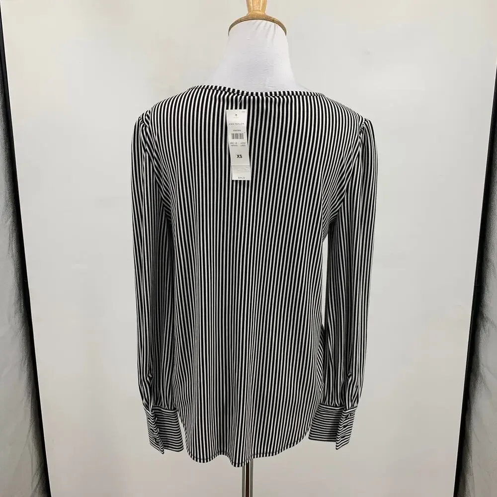 Ann Taylor Top Women XS Extra Small White Black Striped Long Sleeve Button Cuff